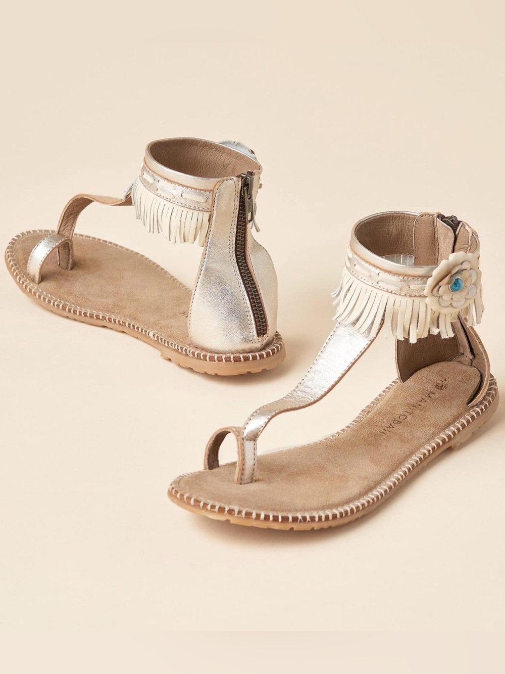 Manitobah Wasaga Metallic Leather Fringe with Ankle Floral Detailing Size 8